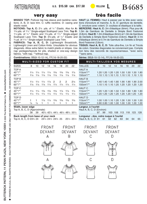 Butterick 4685 Misses' Top Pattern | Very Easy from Jaycotts Sewing Supplies