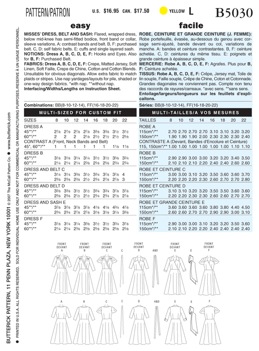 Butterick 5030 Misses' Dress, Belt and Sash Pattern | Easy from Jaycotts Sewing Supplies