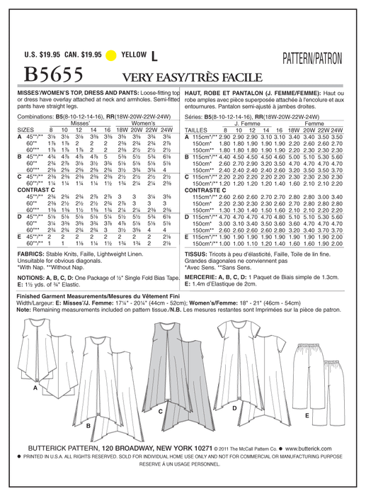 Butterick 5655 Women's Top, Dress and Pants Pattern | Very Easy from Jaycotts Sewing Supplies