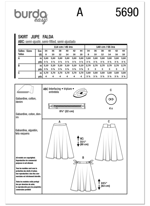 Burda Pattern 5690 Misses' Skirts from Jaycotts Sewing Supplies