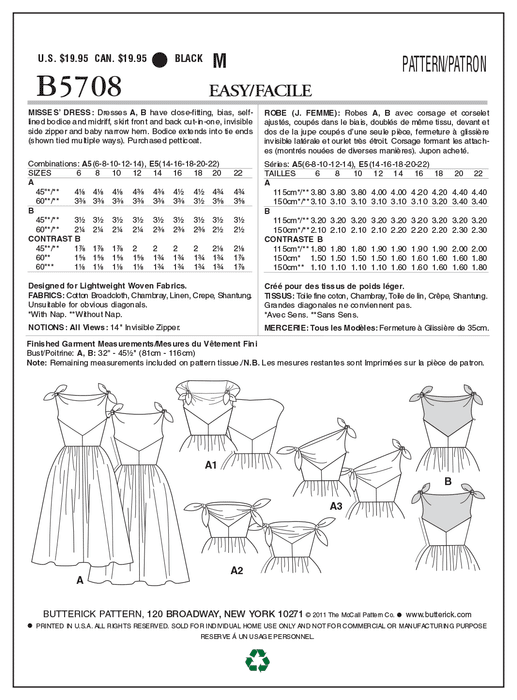 Butterick 5708 Misses' Dress Pattern | Easy | Vintage from Jaycotts Sewing Supplies