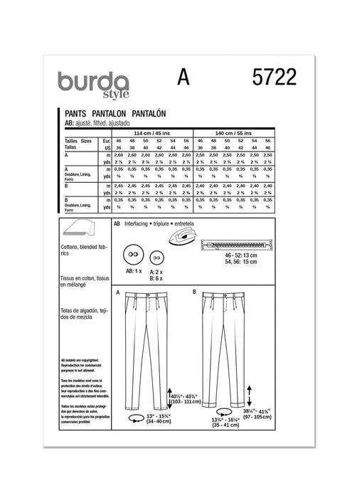 Burda style sewing pattern 5722 Men's Chino Trousers from Jaycotts Sewing Supplies