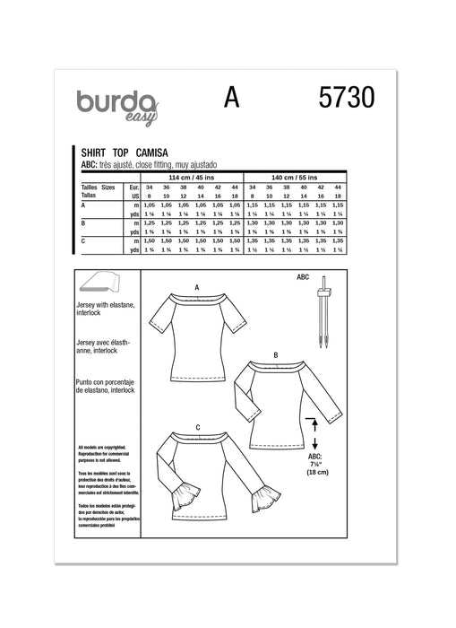 Burda style sewing pattern 5730 Misses' Top from Jaycotts Sewing Supplies