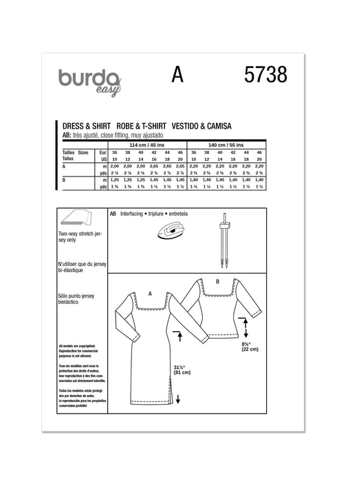 Burda style sewing pattern 5738 Misses' Dress and T-Shirt from Jaycotts Sewing Supplies