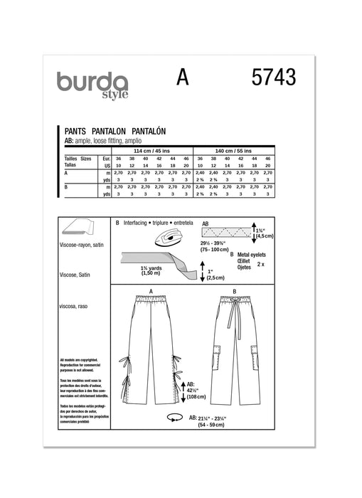 Burda style sewing  Pattern 5743 Misses' Trousers from Jaycotts Sewing Supplies