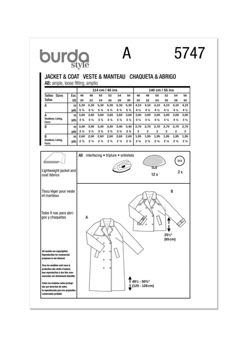 Burda style sewing pattern 5747 Misses' Trench Coat and Jacket from Jaycotts Sewing Supplies