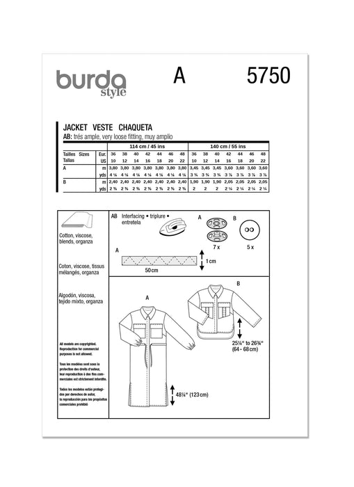 Burda style sewing  Pattern 5750 Misses' Jacket from Jaycotts Sewing Supplies