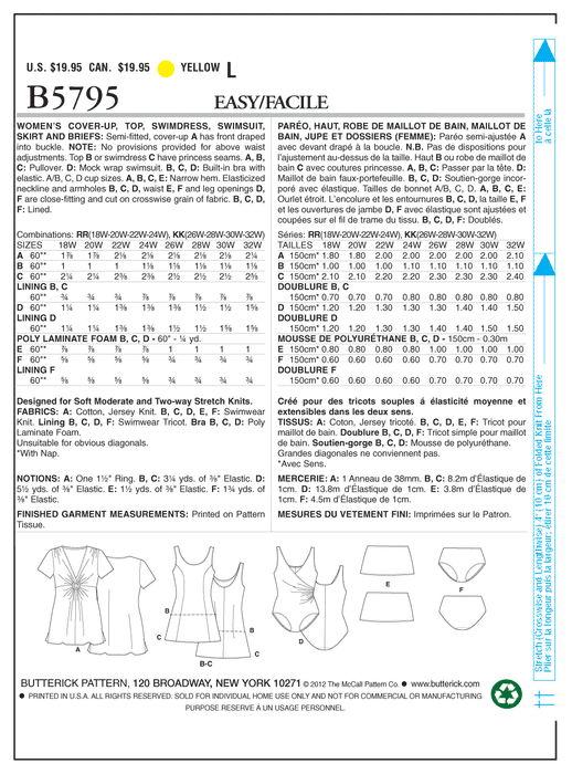 Butterick 5795 Womens' Cover-Up Pattern, Top, Swimdress, Swimsuit, Skirt and Briefs from Jaycotts Sewing Supplies