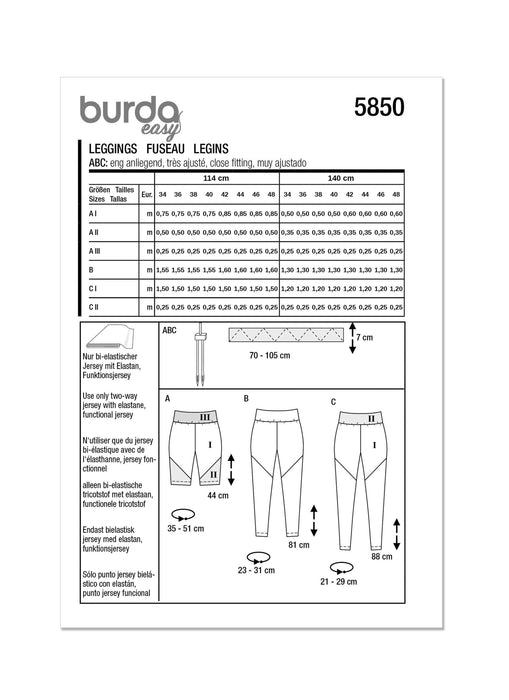 Burda Sewing Pattern 5850 Misses' Gym Leggings from Jaycotts Sewing Supplies