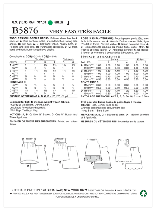 Butterick 5876 Toddlers'/Children's Dress Pattern from Jaycotts Sewing Supplies