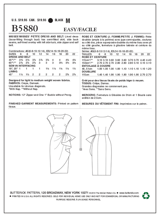 Butterick 5880 Misses' Petite Dress and Belt Pattern | Vintage from Jaycotts Sewing Supplies