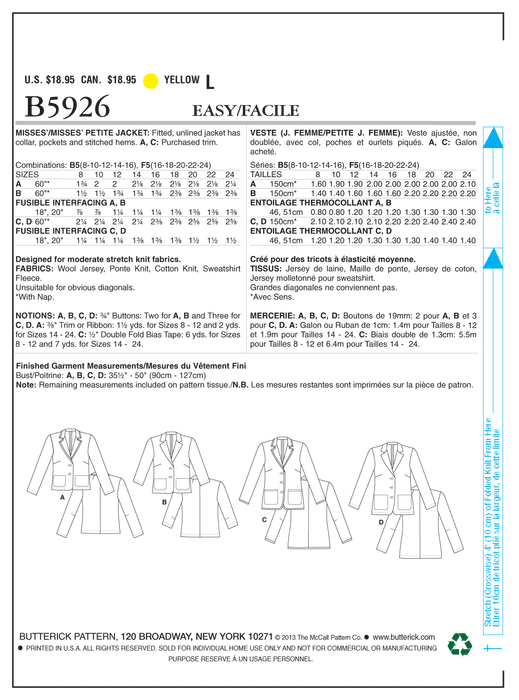 Butterick 5926 Misses' Petite Jacket Pattern | Easy from Jaycotts Sewing Supplies