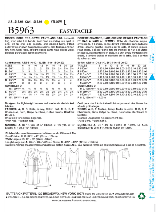Butterick 5963 Misses' Pattern Sleepwear Set Pattern | Easy from Jaycotts Sewing Supplies