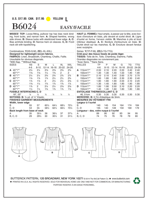 Butterick 6024 Misses' Top Pattern  | Easy from Jaycotts Sewing Supplies