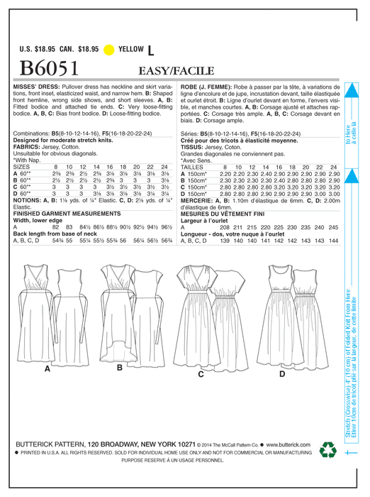 Butterick 6051 Misses' Dress Pattern | Easy from Jaycotts Sewing Supplies