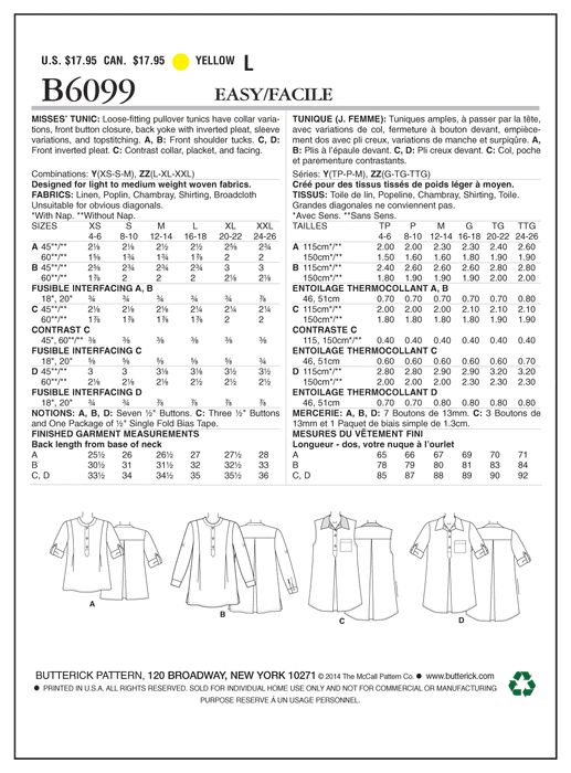 Butterick 6099 Misses' Tunic Pattern | Easy from Jaycotts Sewing Supplies