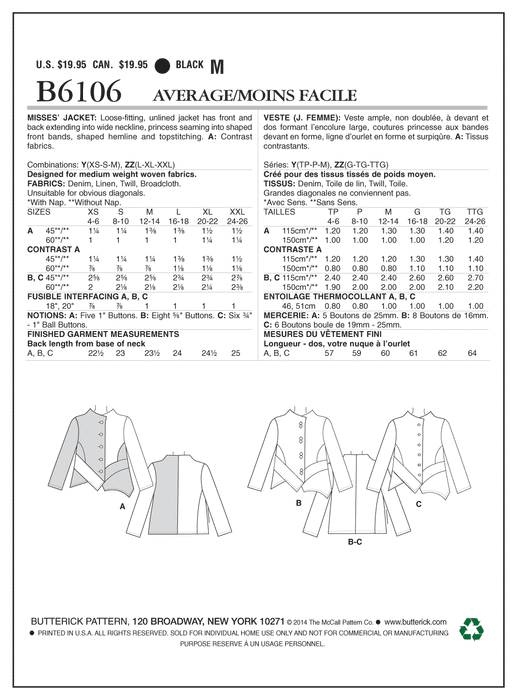 Butterick B6106 Misses' Jacket Pattern | Average from Jaycotts Sewing Supplies