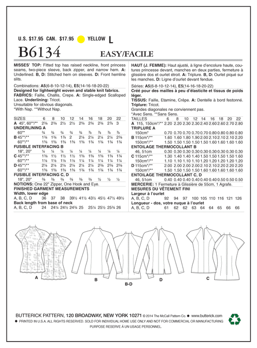 Butterick 6134 Misses' Top Pattern | Easy from Jaycotts Sewing Supplies