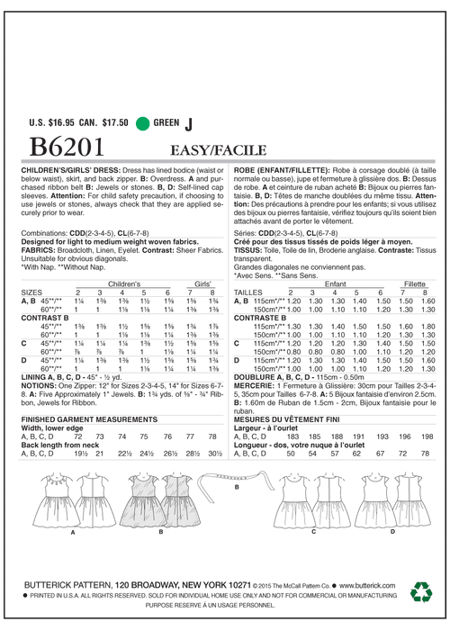 Butterick 6201 Children's/Girls' Dress Pattern from Jaycotts Sewing Supplies