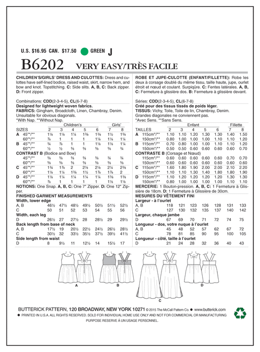 Butterick 6202 Children's/Girls' Dress and Culottes Pattern from Jaycotts Sewing Supplies
