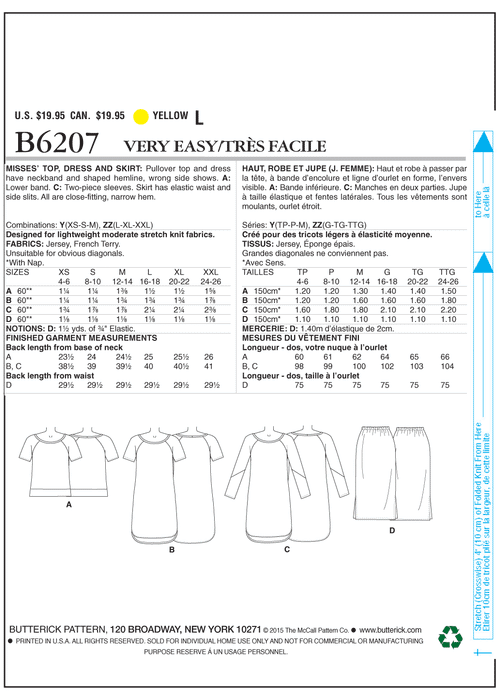 Butterick 6207 Misses' Top, Dress and Skirt Pattern from Jaycotts Sewing Supplies