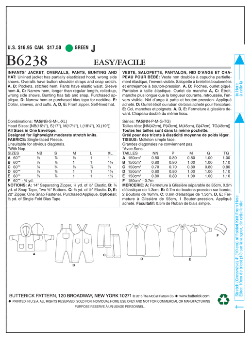 Butterick 6238 Infants' Jacket, Overalls, Pants, Bunting and Hat Pattern from Jaycotts Sewing Supplies