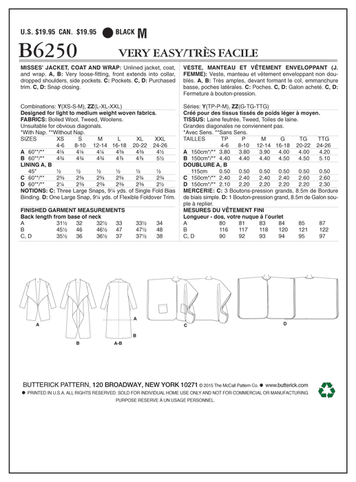 Butterick 6250 Misses' Jacket, Coat and Wrap Pattern from Jaycotts Sewing Supplies