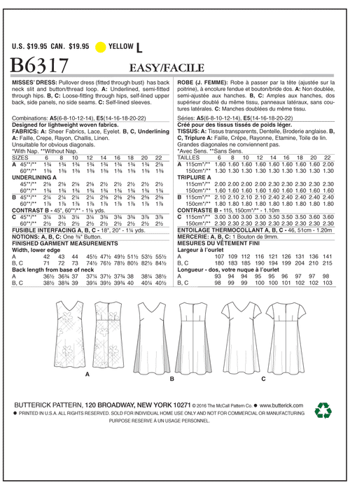 Butterick 6317 Misses' Pullover V-Neck Dresses Pattern from Jaycotts Sewing Supplies