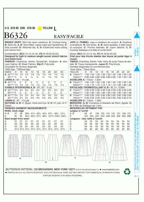 Butterick 6326 Misses' Raised-Waist or Elastic-Waist Skirts Pattern from Jaycotts Sewing Supplies