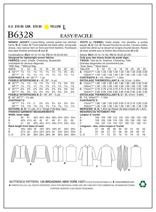 Butterick 6328 Misses' Open-Front Jackets Pattern from Jaycotts Sewing Supplies