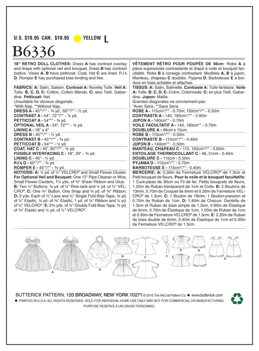 Butterick 6336 Retro Outfits for 18 inch Dolls Pattern from Jaycotts Sewing Supplies