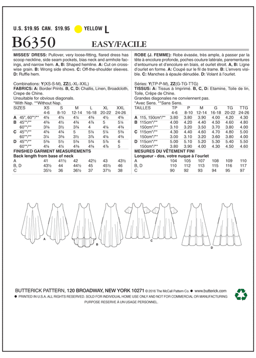 Butterick 6350 Sleeveless and Cold Shoulder Dresses Pattern from Jaycotts Sewing Supplies
