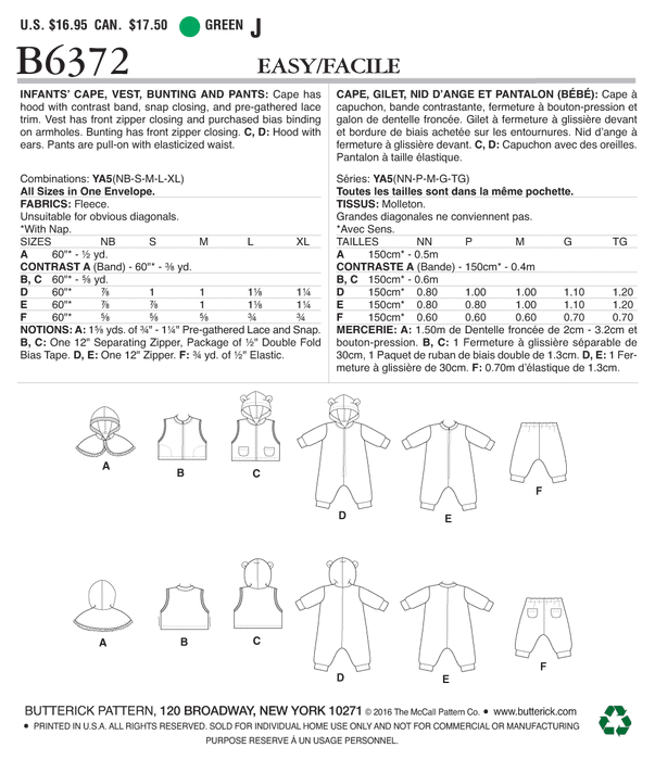 Butterick 6372 Infants' Cape, Vest, Buntings and Pull-On Pants Pattern from Jaycotts Sewing Supplies