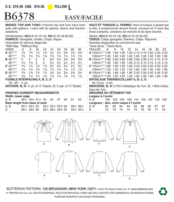 Butterick 6378 Misses' Gathered Tops and Tunics with Neck Ties Pattern from Jaycotts Sewing Supplies