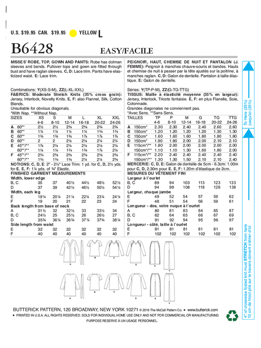 Butterick 6428 Misses' Robe, Raglan Sleeve Tops and Gown, and Pull-On Pants Pattern from Jaycotts Sewing Supplies