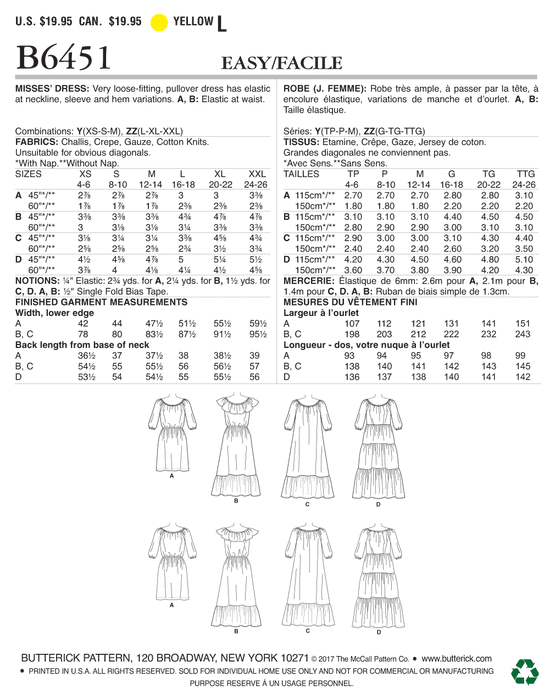 Butterick 6451 Misses' Gathered, Blouson Dresses Pattern from Jaycotts Sewing Supplies