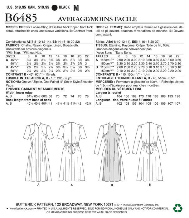 Butterick 6485 Misses' Dresses with Waist Tie Pattern from Jaycotts Sewing Supplies