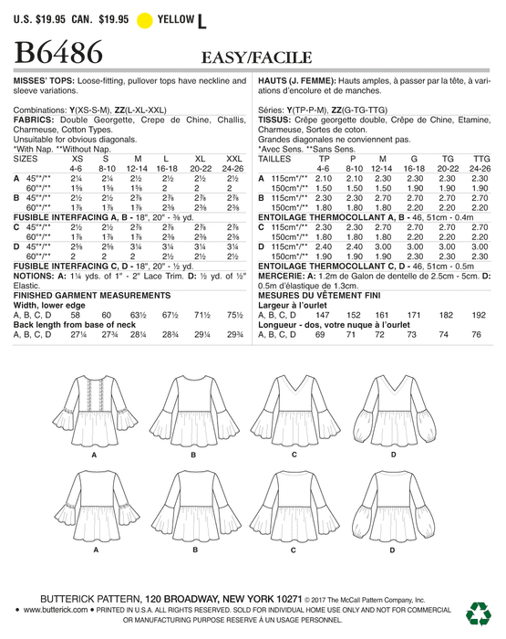 Butterick 6486 Gathered Waist Pullover Tops with Bell Sleeves Pattern from Jaycotts Sewing Supplies