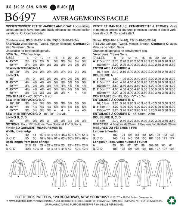 Butterick 6497 Misses'/Miss Petite Jacket and Coat Pattern from Jaycotts Sewing Supplies