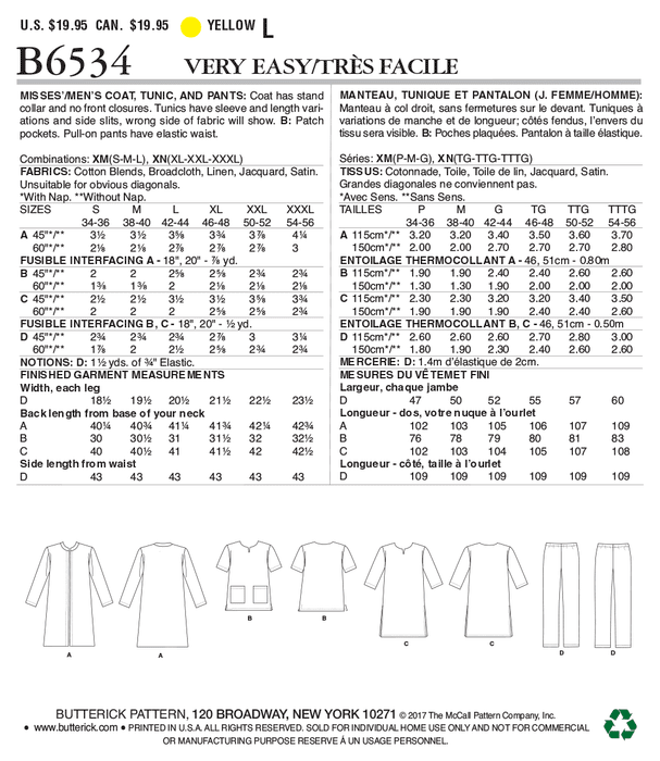 Butterick 6534 Misses'/Men's Coat, Tunic and Pants Pattern from Jaycotts Sewing Supplies