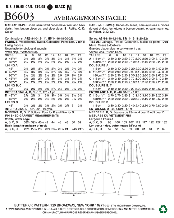 Butterick 6603 Misses Cape Pattern from Jaycotts Sewing Supplies