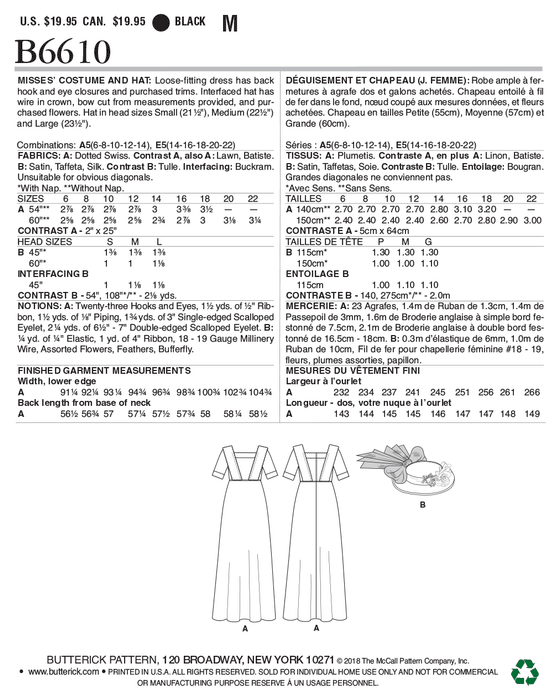 Butterick 6610 Women's Victorian Summer Dress and Hat Pattern from Jaycotts Sewing Supplies