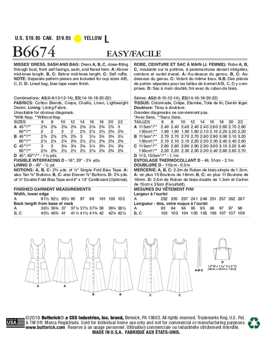 Butterick 6674 Misses' Dress and Tote Bag Pattern | Easy from Jaycotts Sewing Supplies
