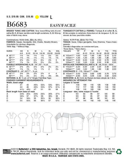 Butterick 6683 Misses' Tunic and Caftan Pattern | Easy from Jaycotts Sewing Supplies