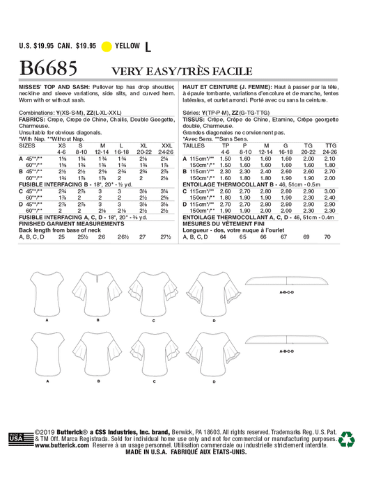 Butterick 6685 Misses' Top and Sash Pattern | Very Easy from Jaycotts Sewing Supplies