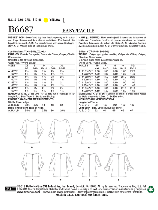 Butterick B6687 Misses' Top Pattern | Easy from Jaycotts Sewing Supplies