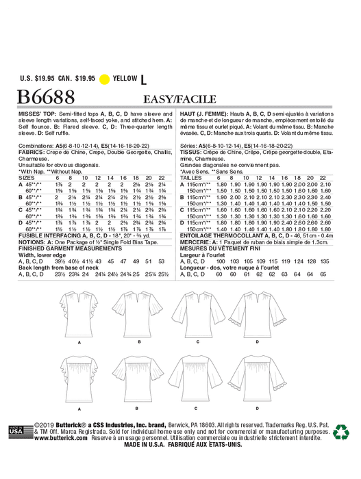 Butterick B6688 Misses' Tops Pattern | Easy from Jaycotts Sewing Supplies