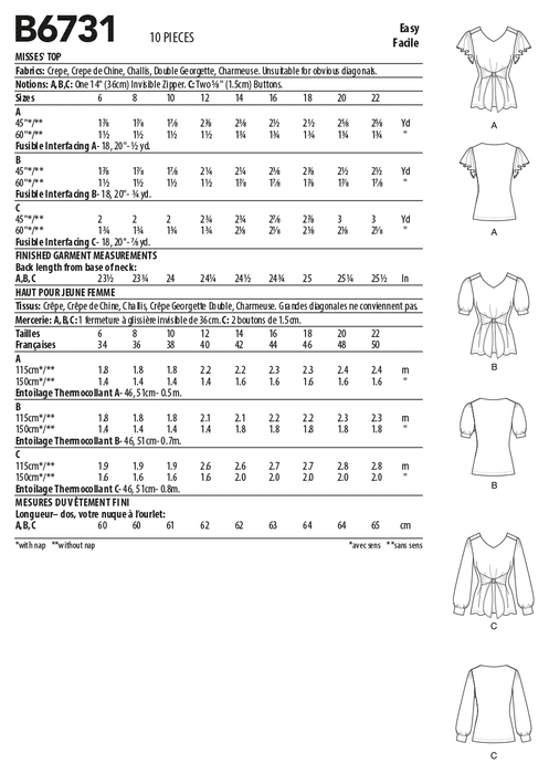 Butterick 6731 Misses' Top Pattern from Jaycotts Sewing Supplies