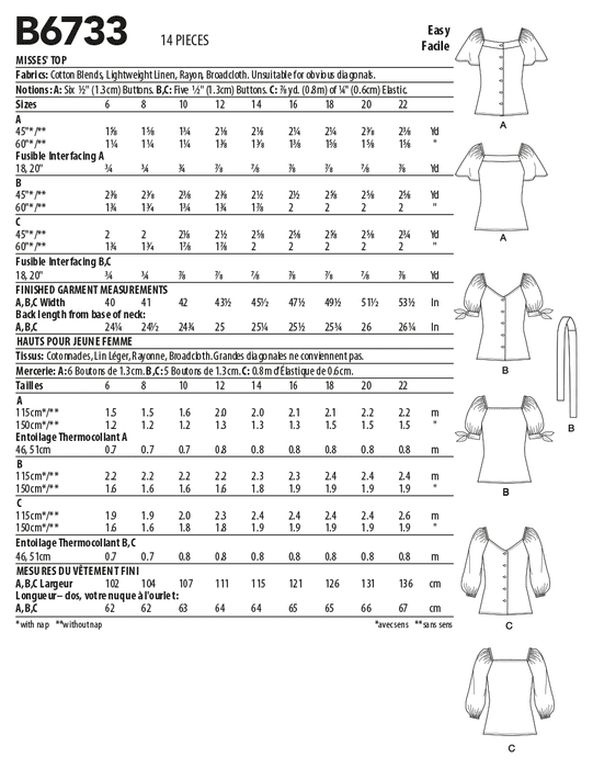 Butterick 6733 Misses' Top Pattern from Jaycotts Sewing Supplies