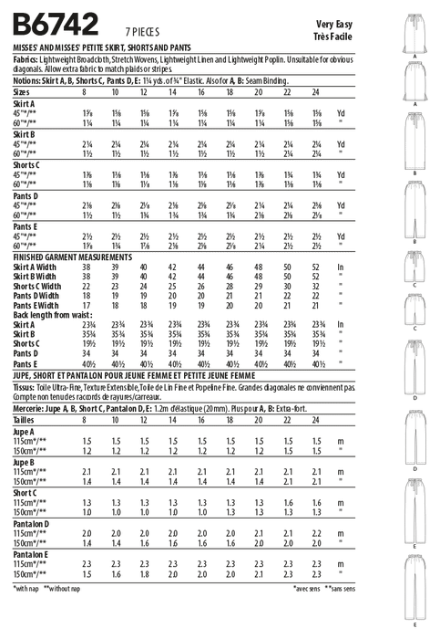 Butterick 6742 Misses'/ Petite Elastic-Waist Skirts, Shorts and Pants Pattern from Jaycotts Sewing Supplies
